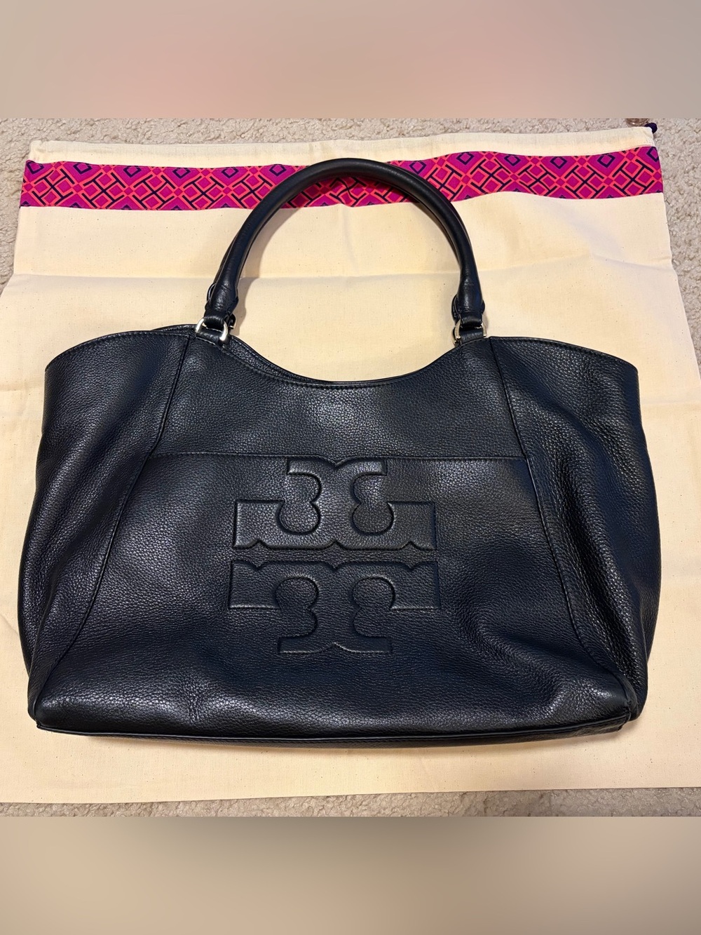 Tory Burch Black Leather Tote Bag with Embossed Logo - EUC